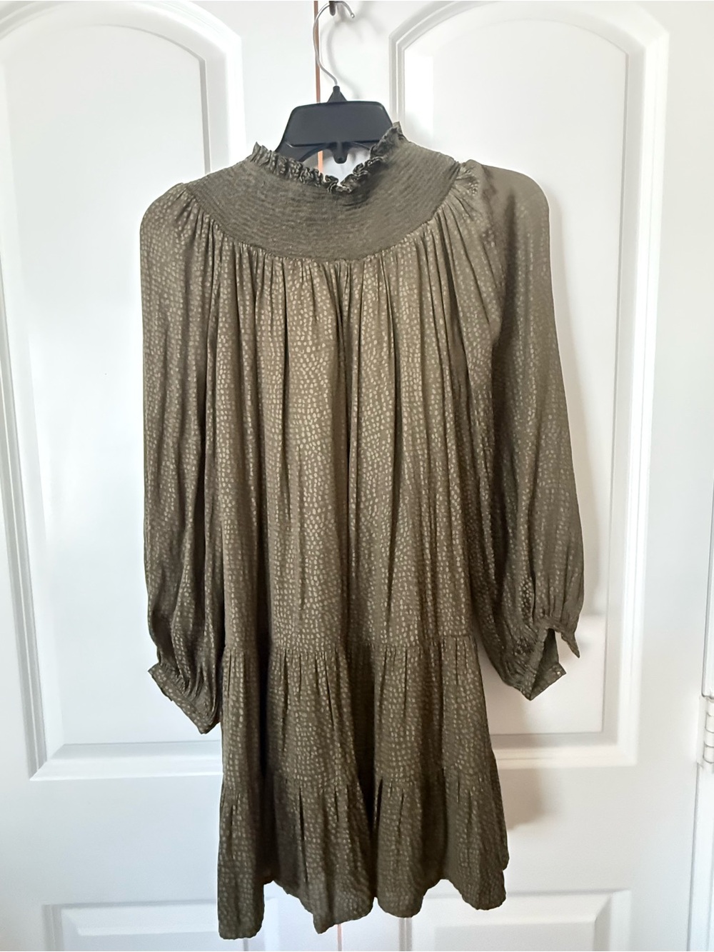 LOFT Olive Green Long-Sleeve Smocked Yoke Dress